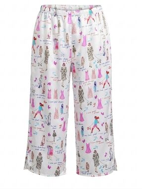 CRUZ White Satin Wide-Leg Pajama Pants with Fashion Illustration Print